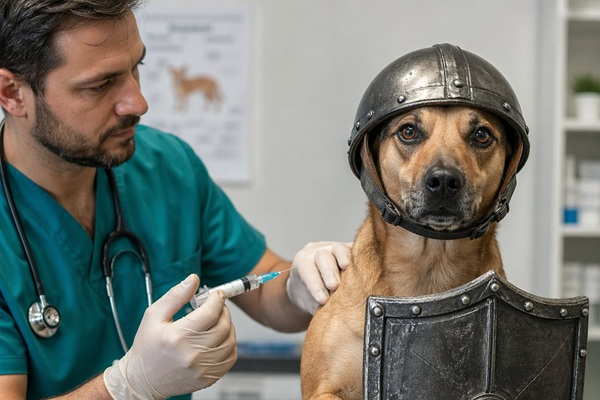 Egy szakállas férfi egy fecskendővel hajol egy kutya felé, aminek a fején egy sisak, előtte egy pajzs.